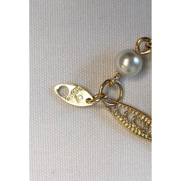 Trifari Vintage Necklace Double Strand Gold Plated Trifanium Scroll Faux Pearls - Picture 4 of 4